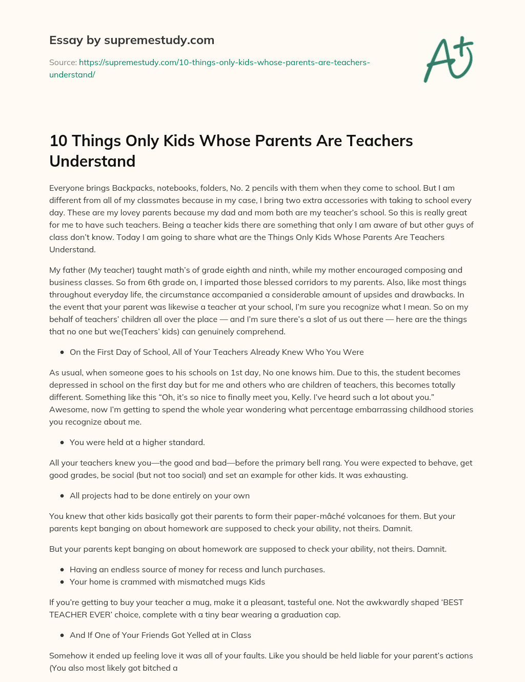 10 Things Only Kids Whose Parents Are Teachers Understand  essay