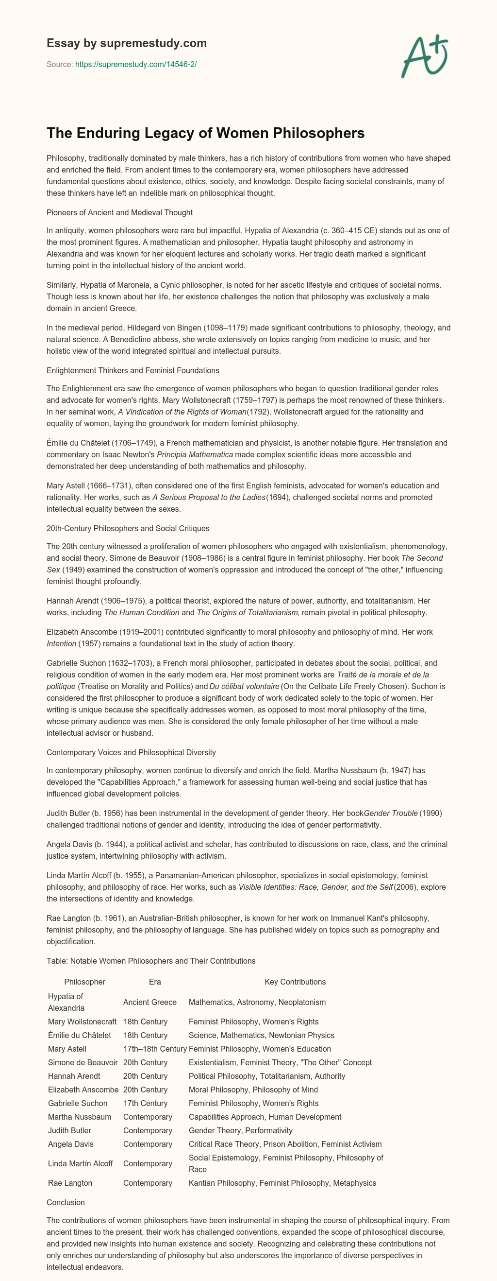 The Enduring Legacy of Women Philosophers essay