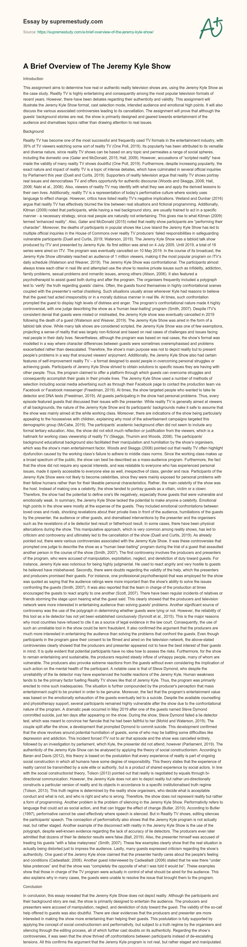 A Brief Overview of The Jeremy Kyle Show essay