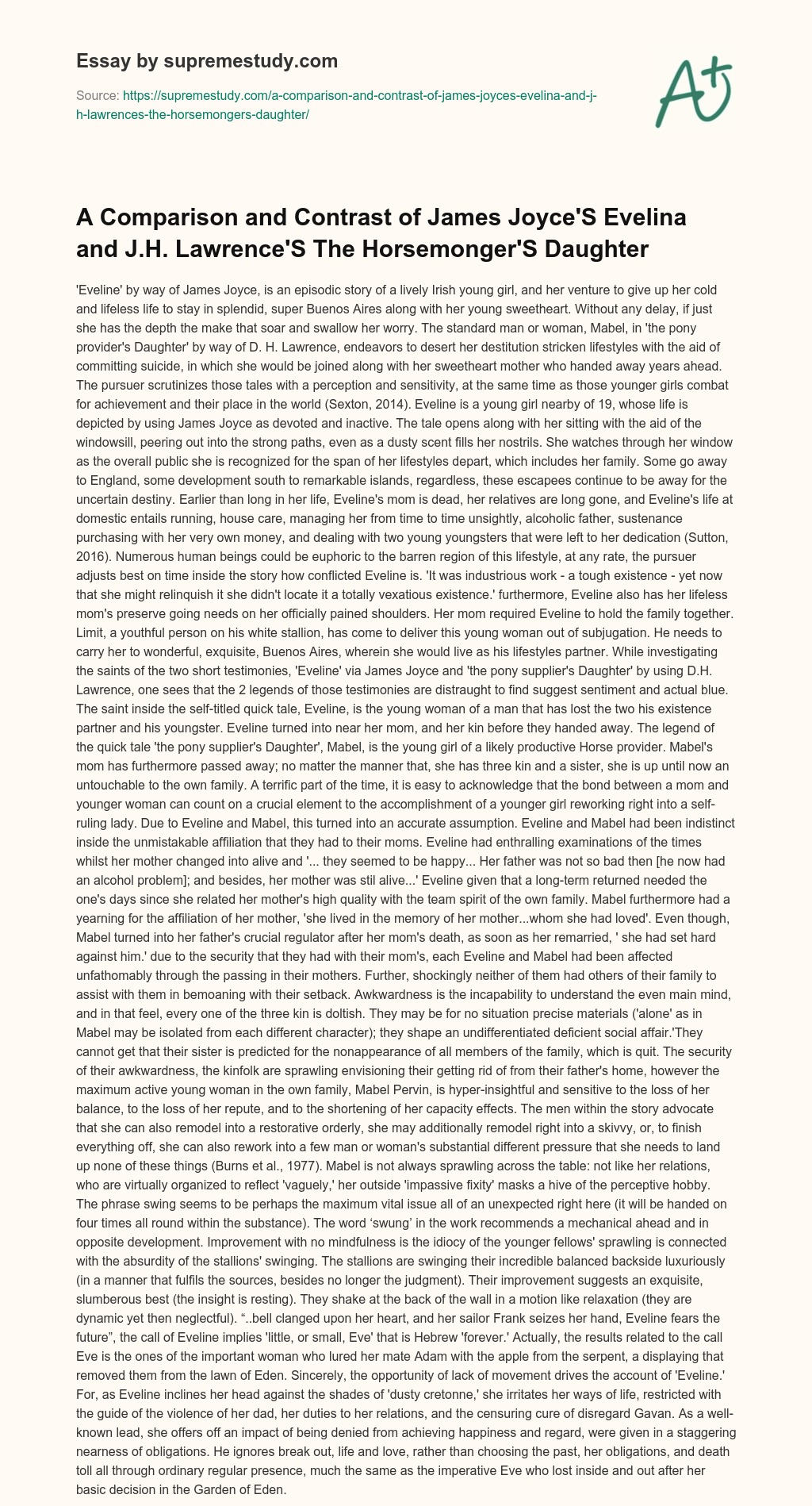 A Comparison and Contrast of James Joyce’S Evelina and J.H. Lawrence’S The Horsemonger’S Daughter  essay