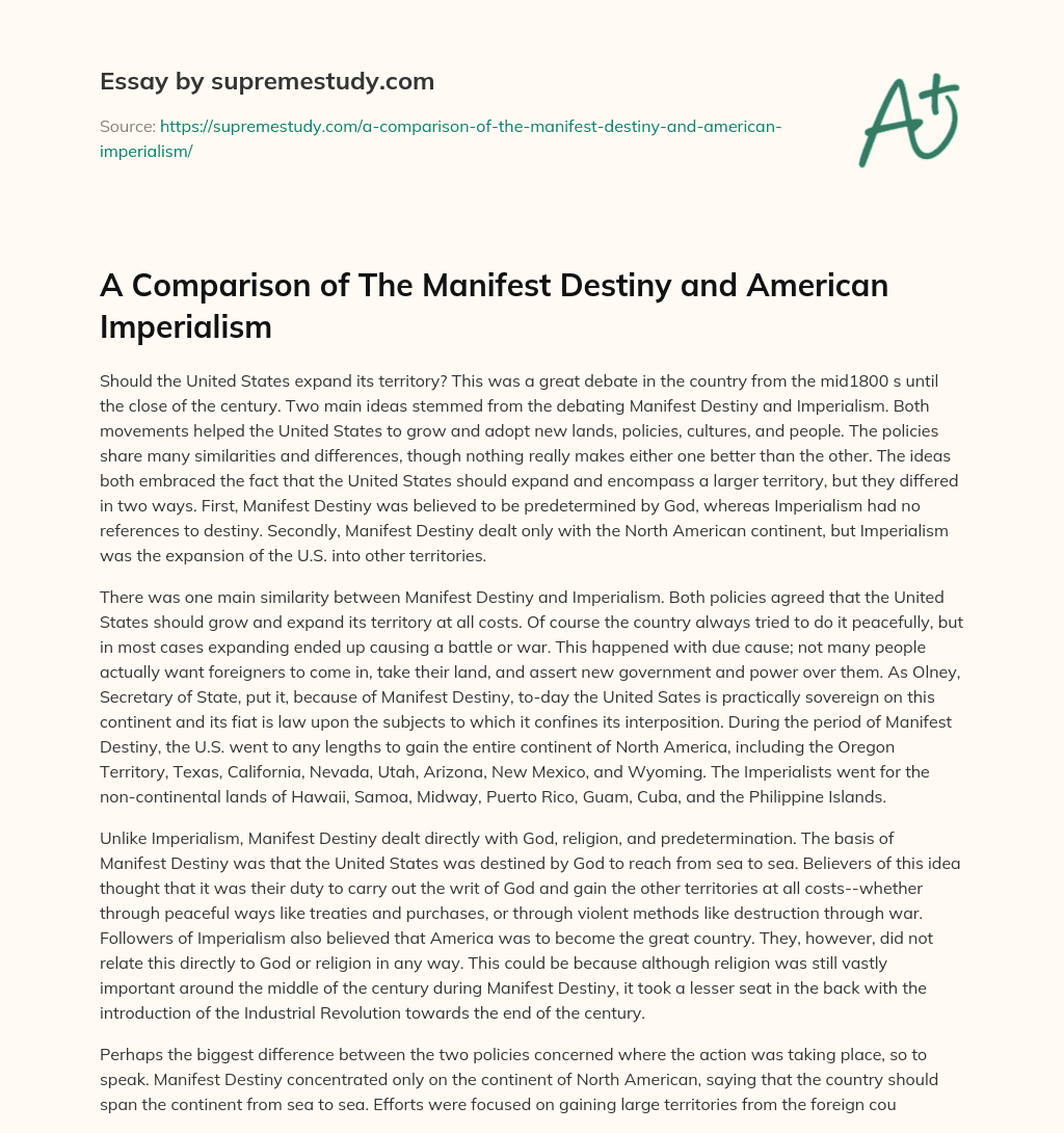 A Comparison of The Manifest Destiny and American Imperialism essay