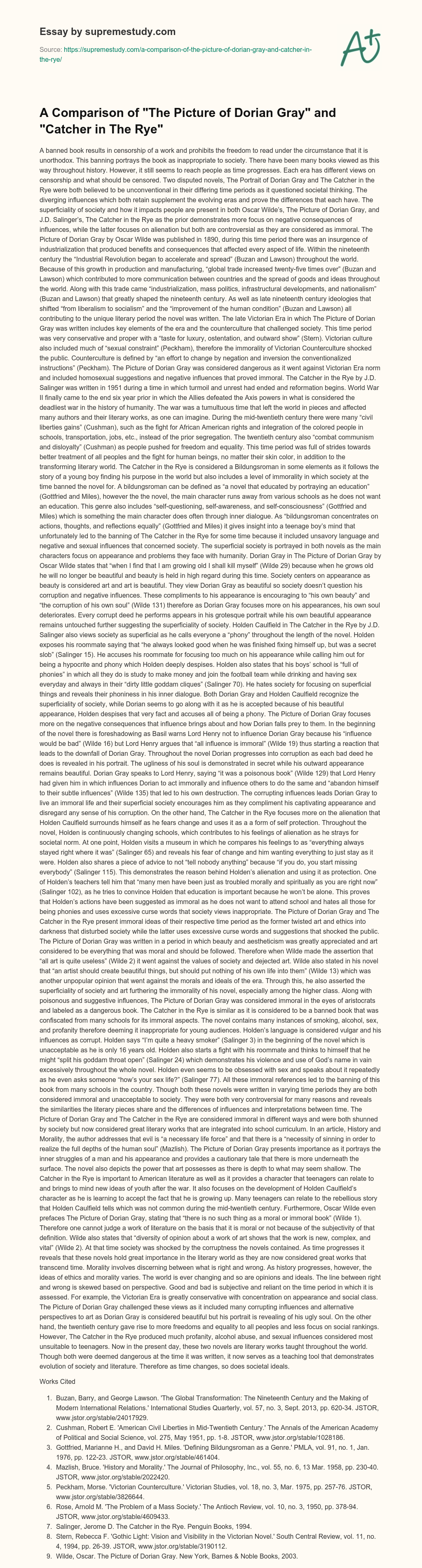 A Comparison of “The Picture of Dorian Gray” and “Catcher in The Rye” essay