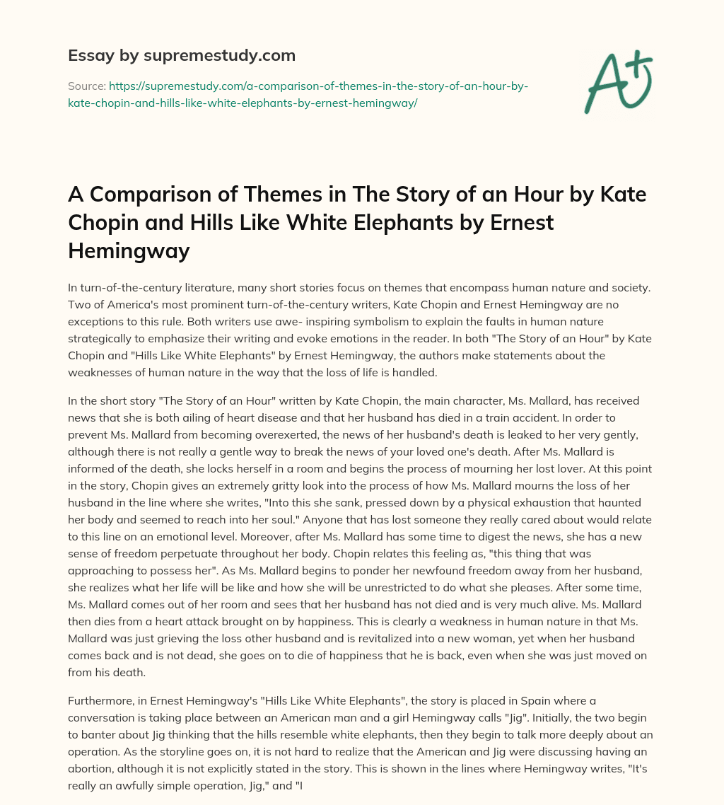 A Comparison of Themes in The Story of an Hour by Kate Chopin and Hills Like White Elephants by Ernest Hemingway essay