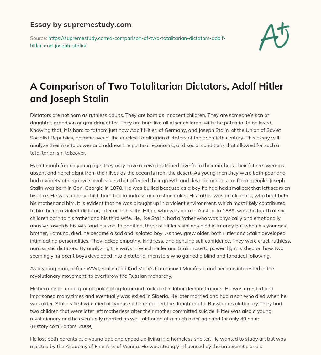 A Comparison of Two Totalitarian Dictators, Adolf Hitler and Joseph Stalin essay