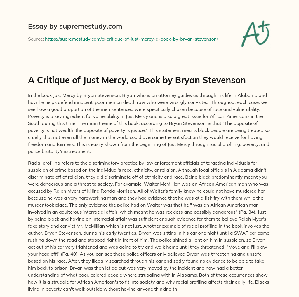 A Critique of Just Mercy, a Book by Bryan Stevenson essay