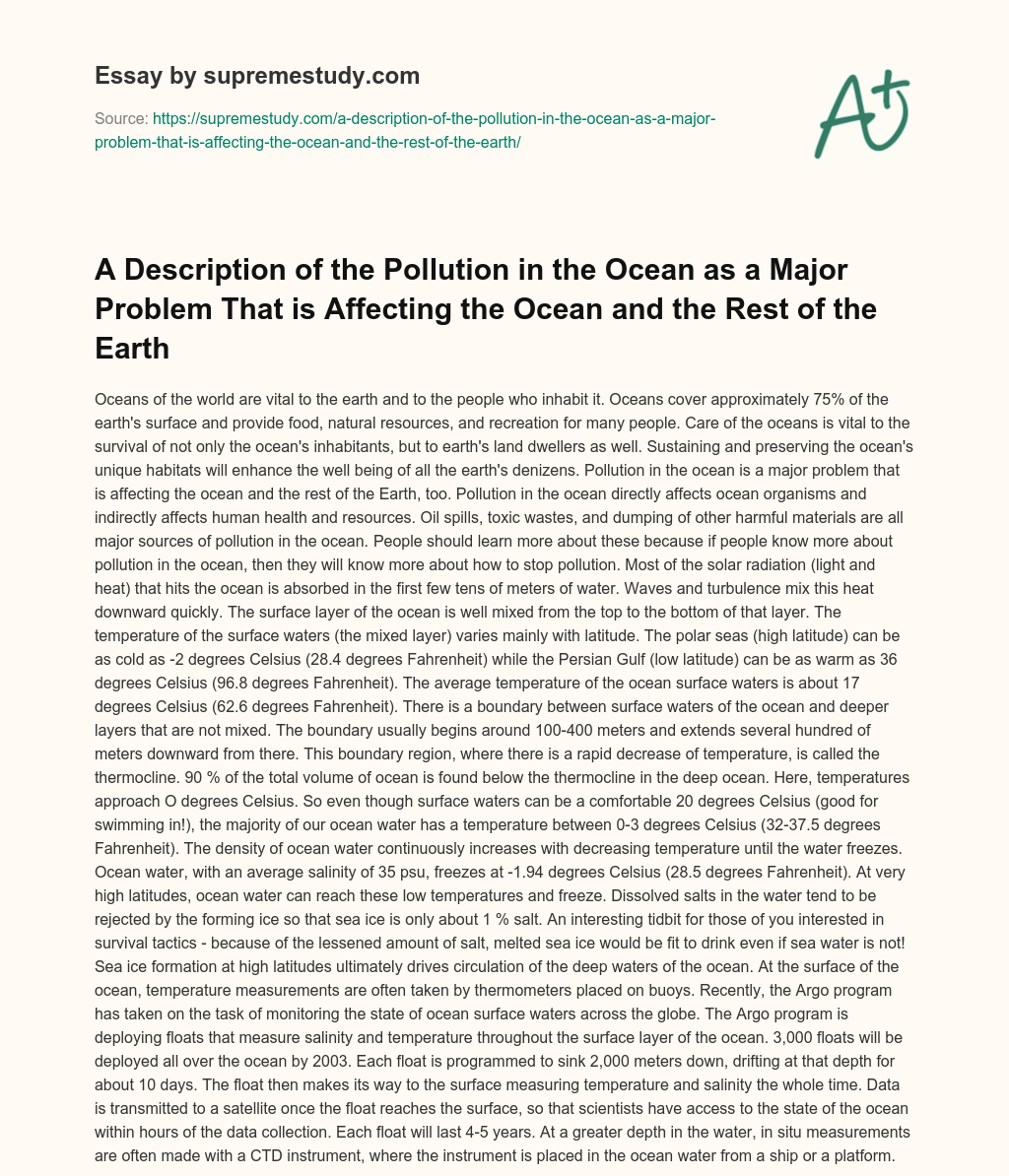 A Description of the Pollution in the Ocean as a Major Problem That is Affecting the Ocean and the Rest of the Earth essay