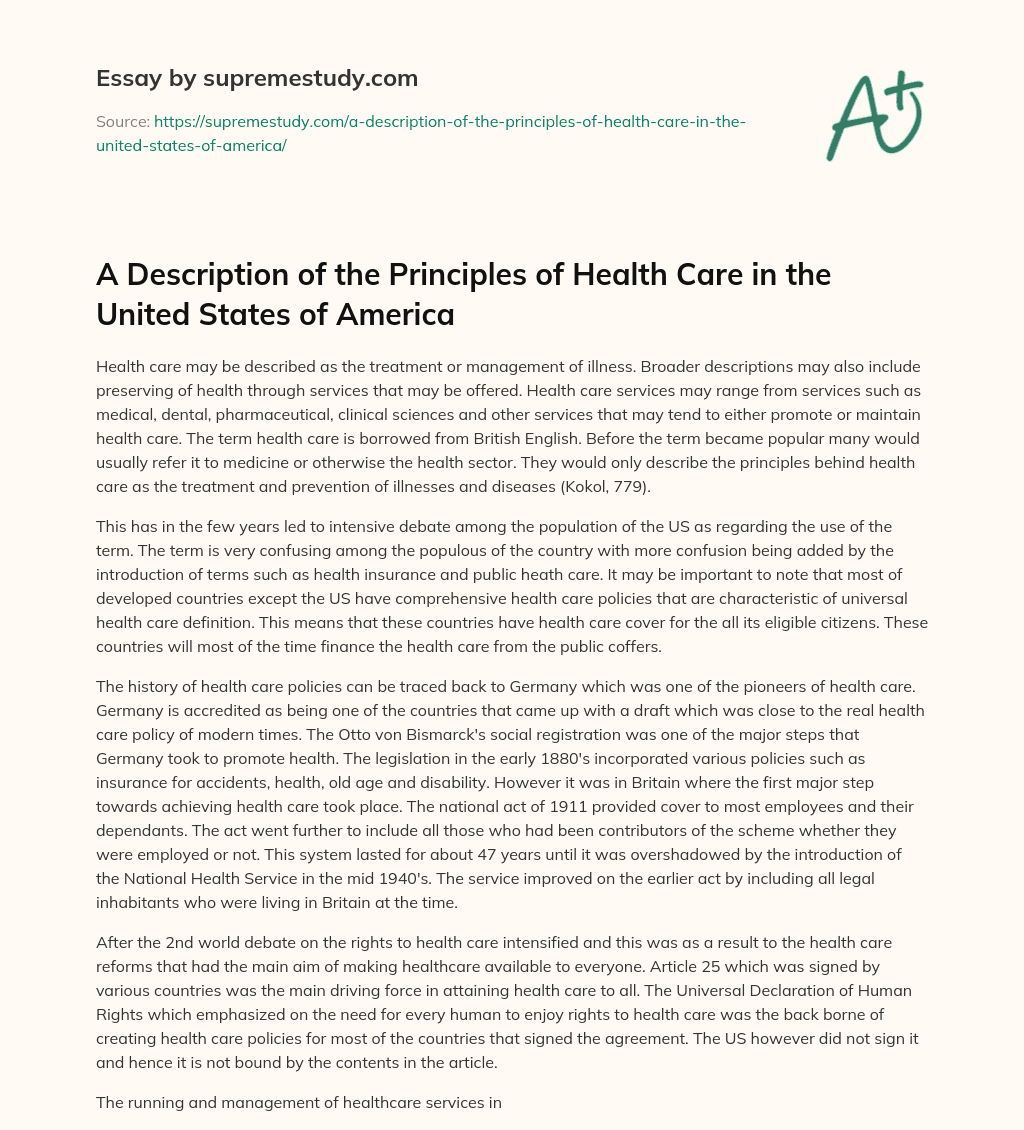 A Description of the Principles of Health Care in the United States of America essay
