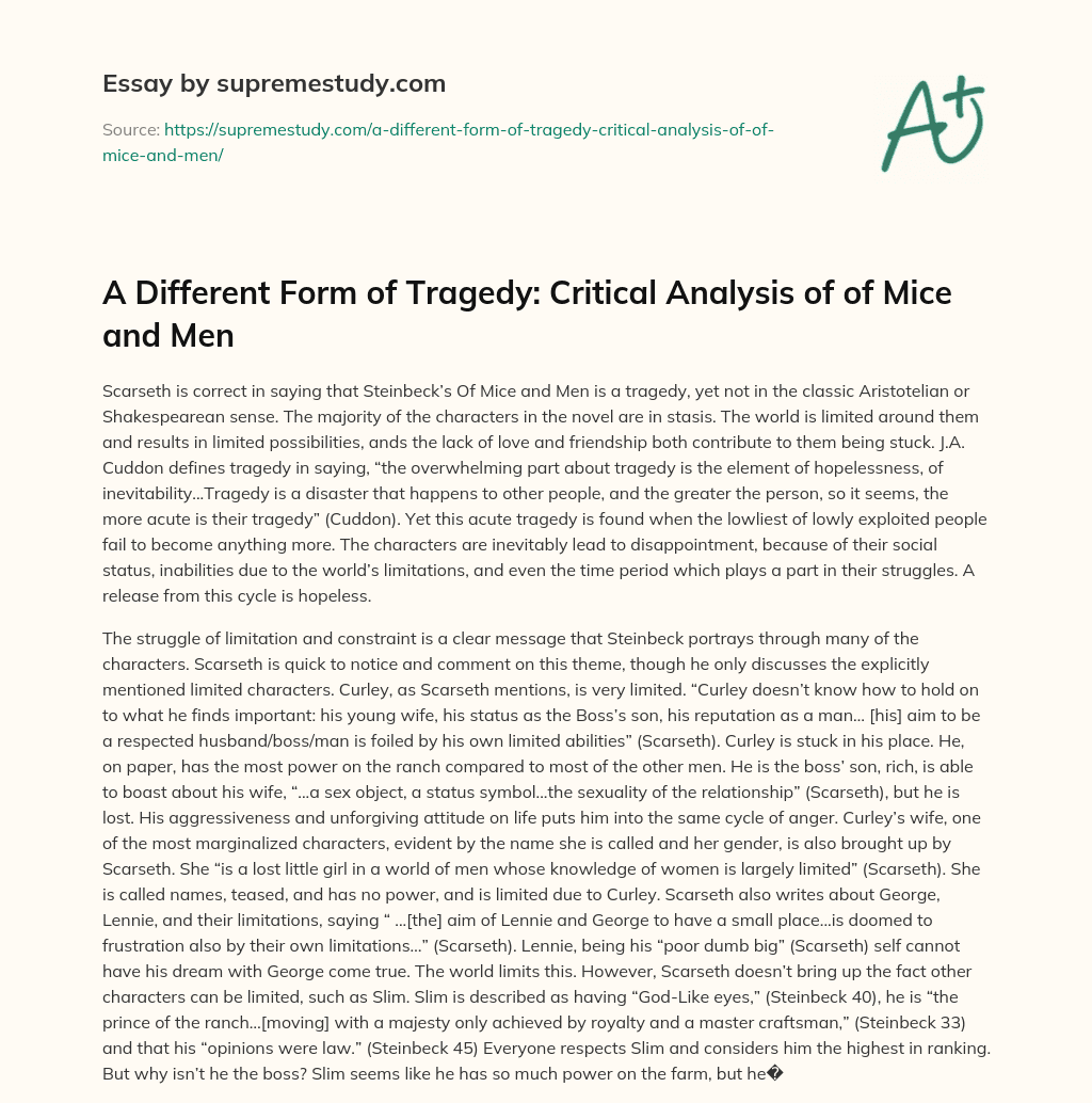 A Different Form of Tragedy: Critical Analysis of of Mice and Men essay