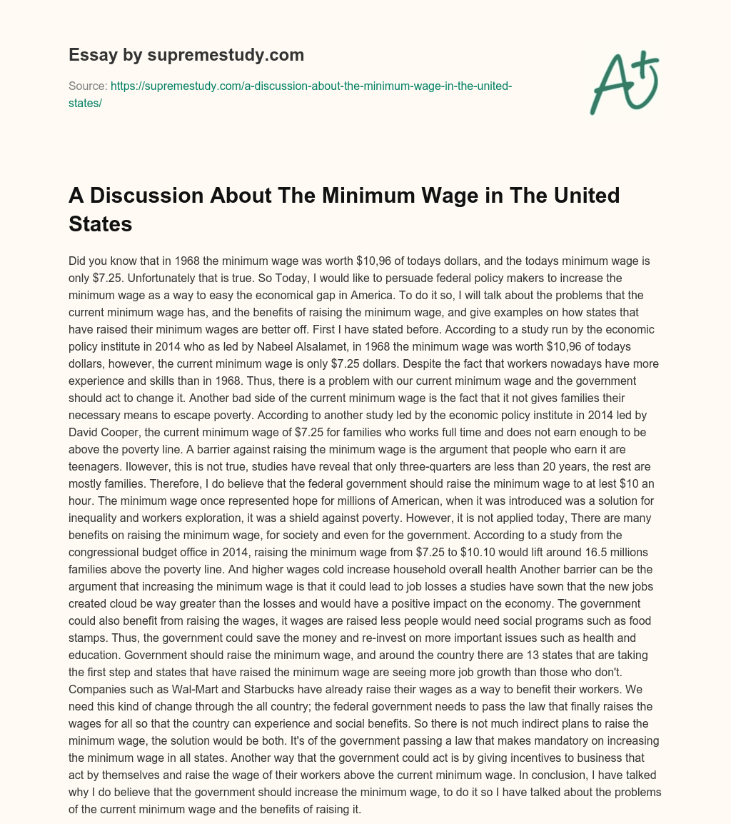 A Discussion About The Minimum Wage in The United States essay