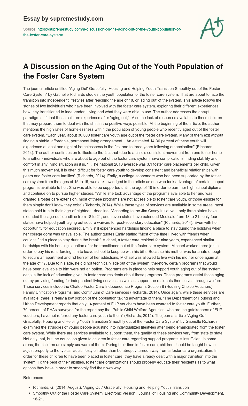 A Discussion on the Aging Out of the Youth Population of the Foster Care System essay