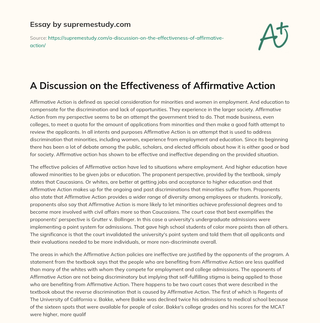 A Discussion on the Effectiveness of Affirmative Action essay