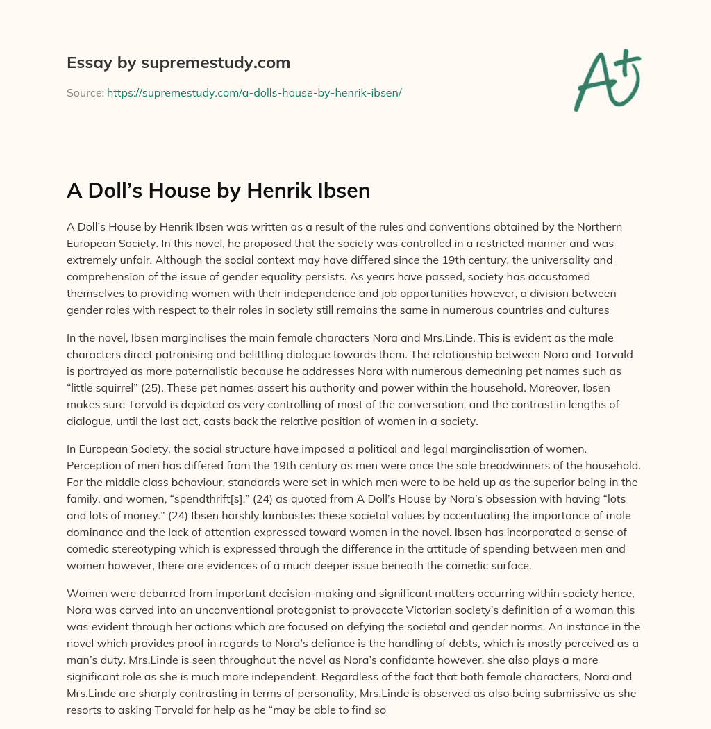 A Doll’s House by Henrik Ibsen essay