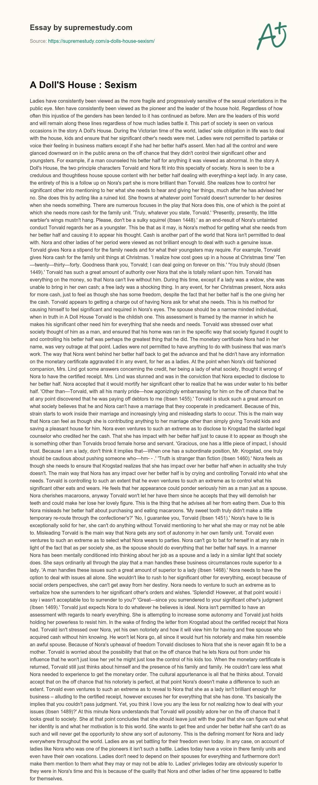 A Doll’S House : Sexism essay