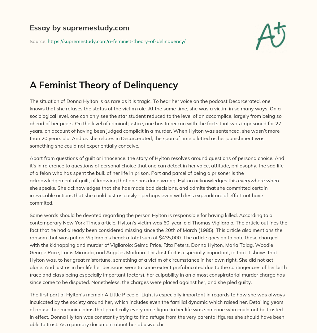 A Feminist Theory of Delinquency essay