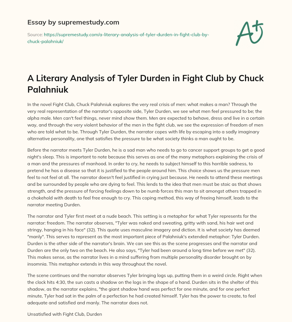 A Literary Analysis of Tyler Durden in Fight Club by Chuck Palahniuk essay