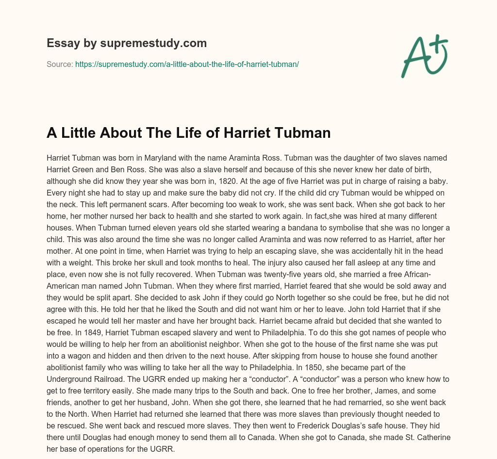 A Little About The Life of Harriet Tubman essay