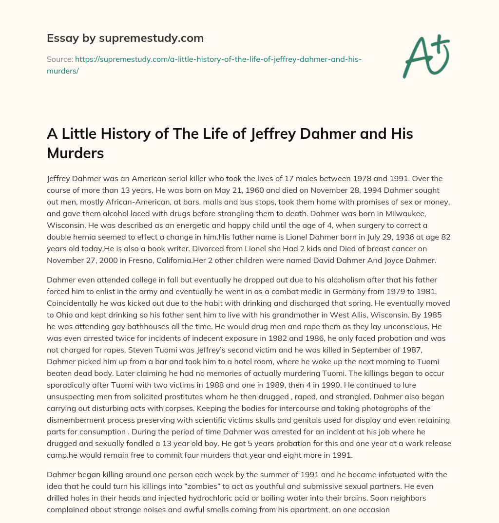 A Little History of The Life of Jeffrey Dahmer and His Murders essay
