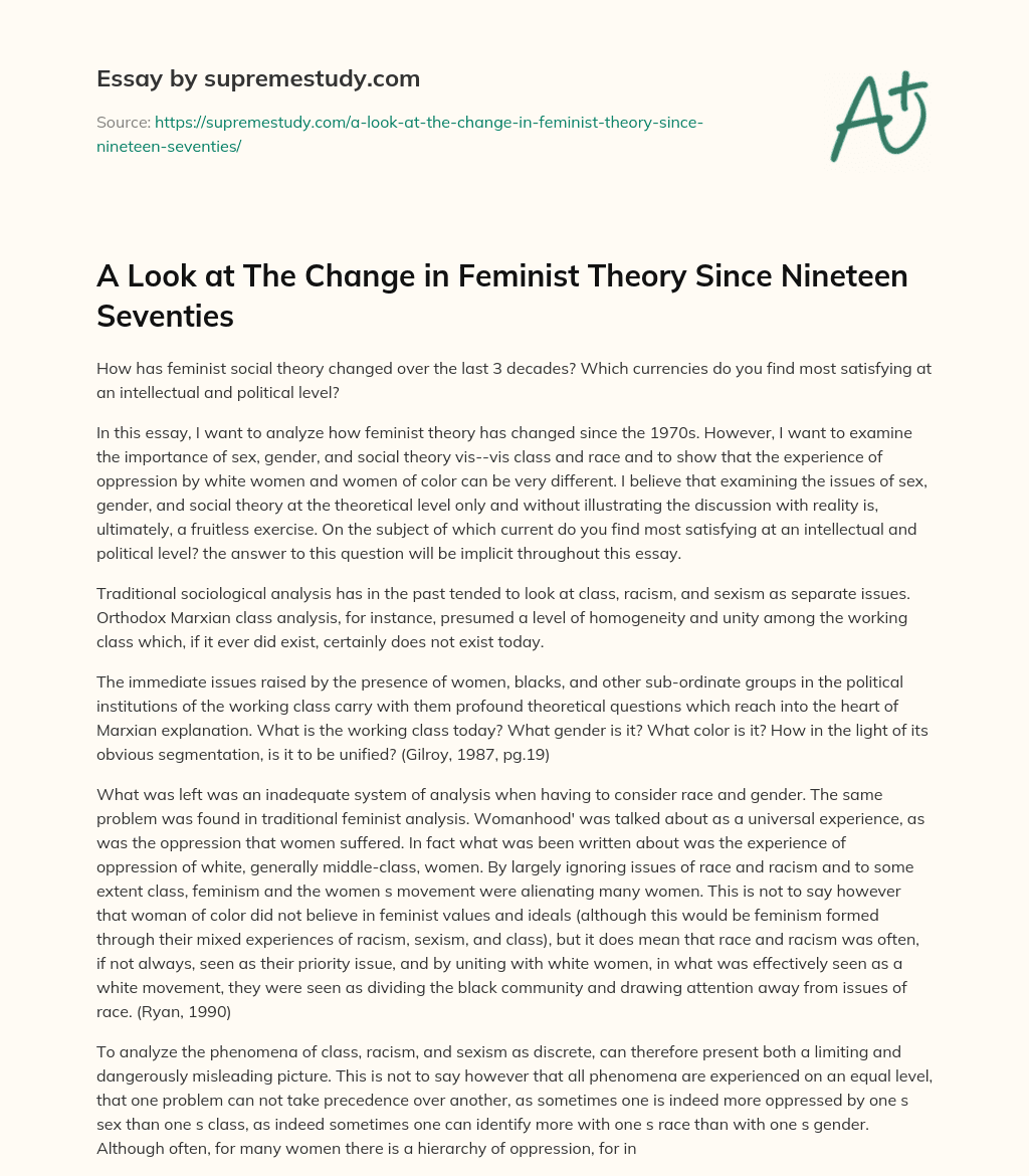 A Look at The Change in Feminist Theory Since Nineteen Seventies essay