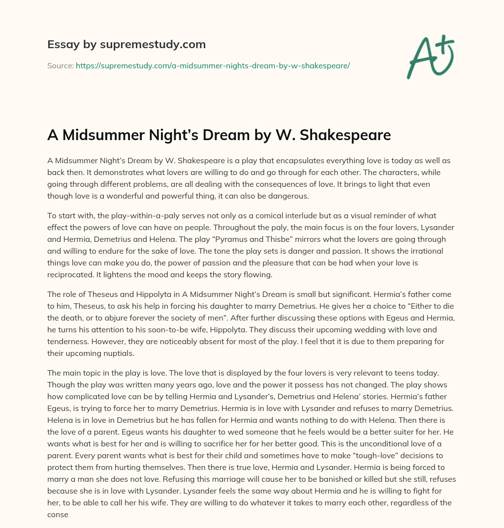 A Midsummer Night’s Dream by W. Shakespeare essay