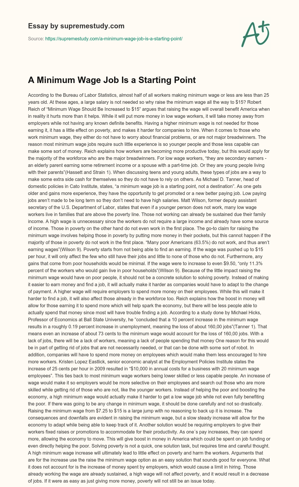 A Minimum Wage Job Is a Starting Point essay
