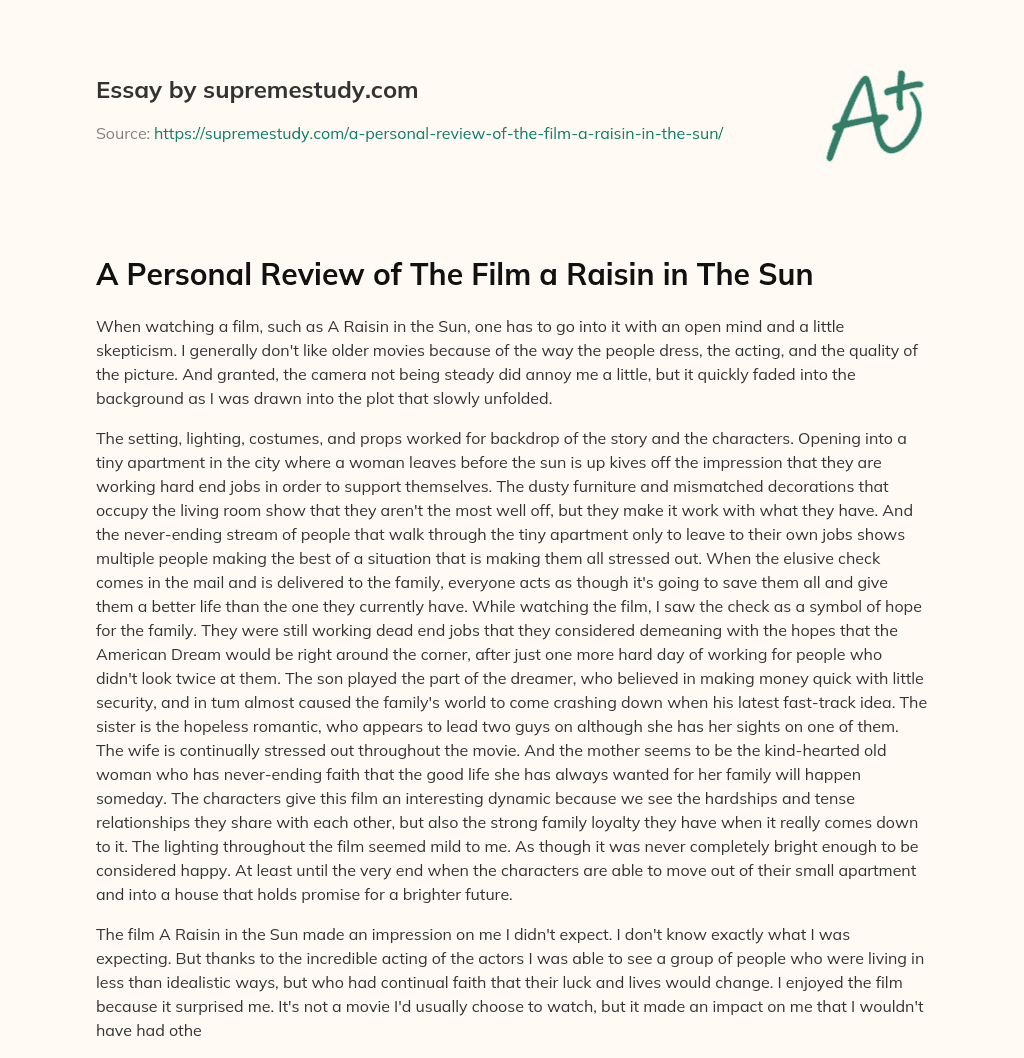 A Personal Review of The Film a Raisin in The Sun essay