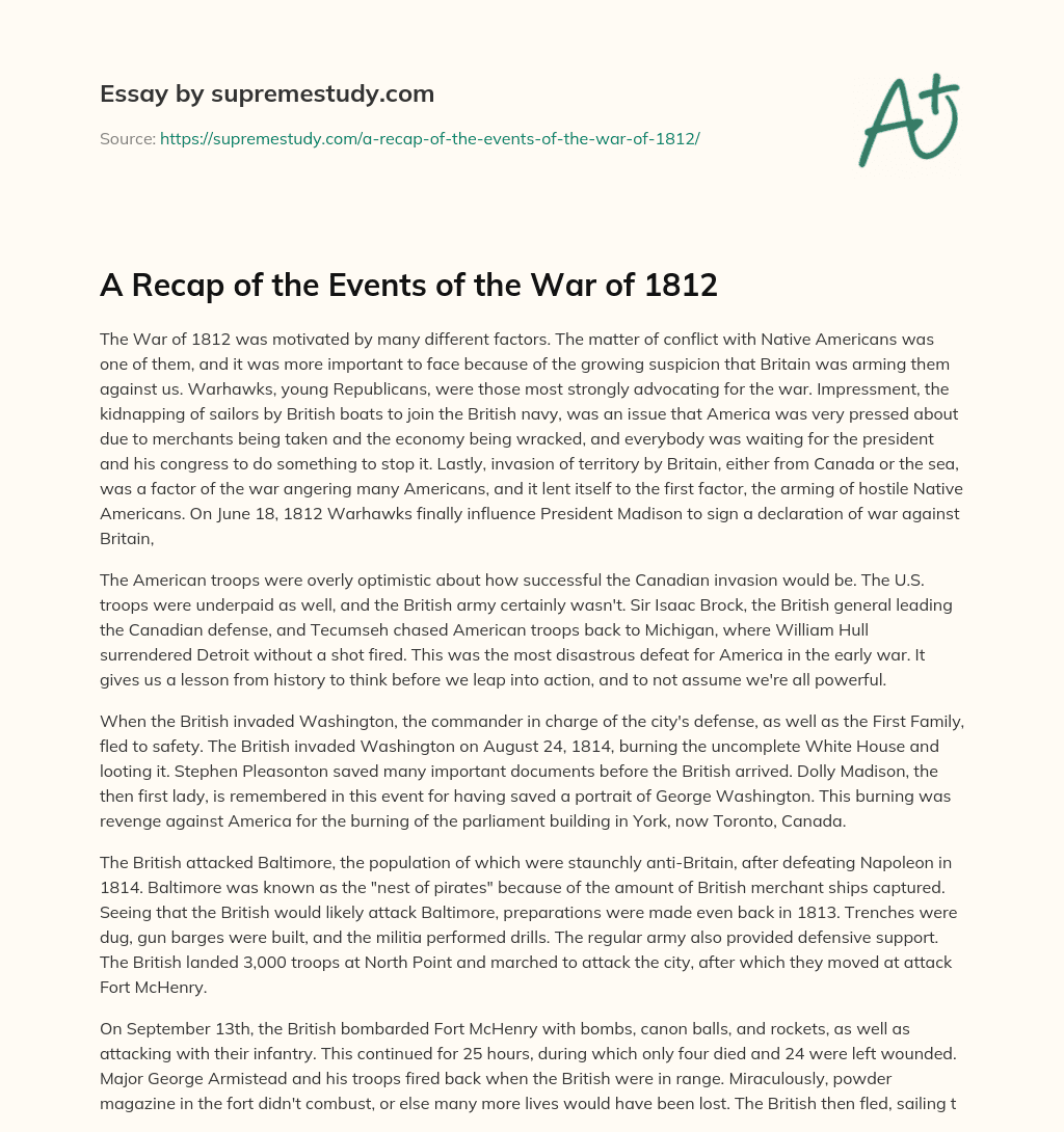 A Recap of the Events of the War of 1812 essay