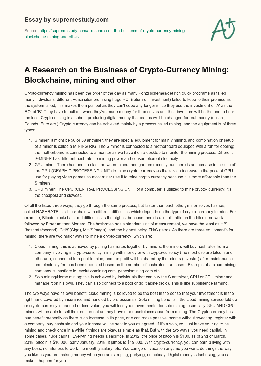 A Research on the Business of Crypto-Currency Mining: Blockchaine, mining and other essay