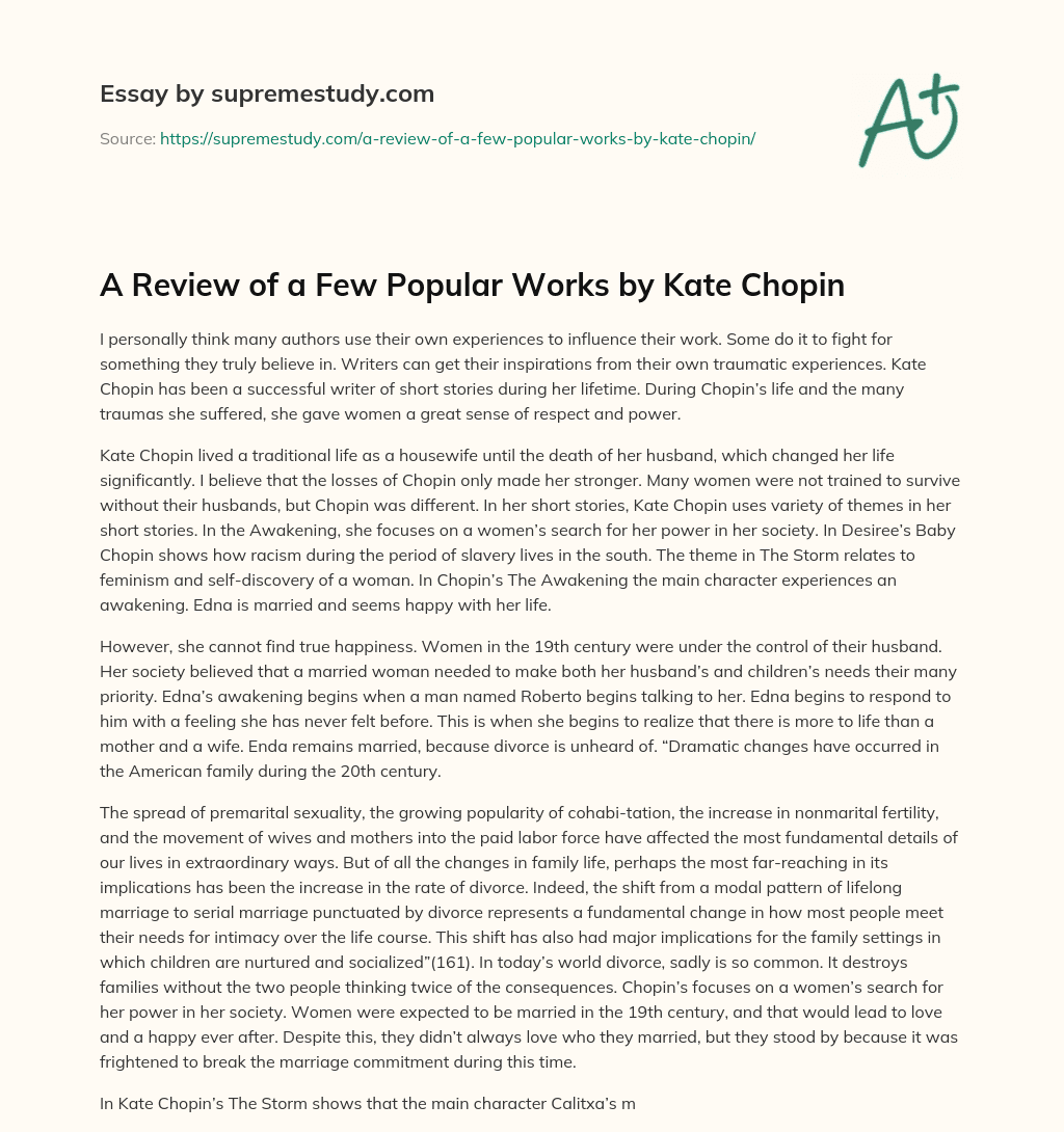 A Review of a Few Popular Works by Kate Chopin essay