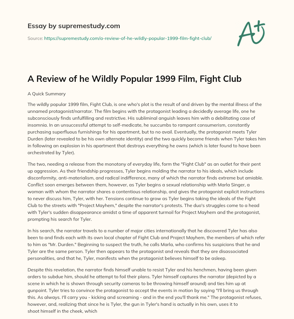 A Review of he Wildly Popular 1999 Film, Fight Club essay