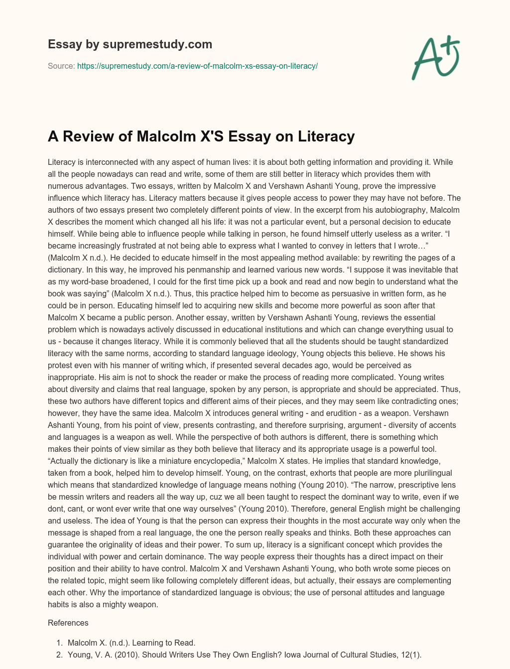 A Review of Malcolm X’S Essay on Literacy essay