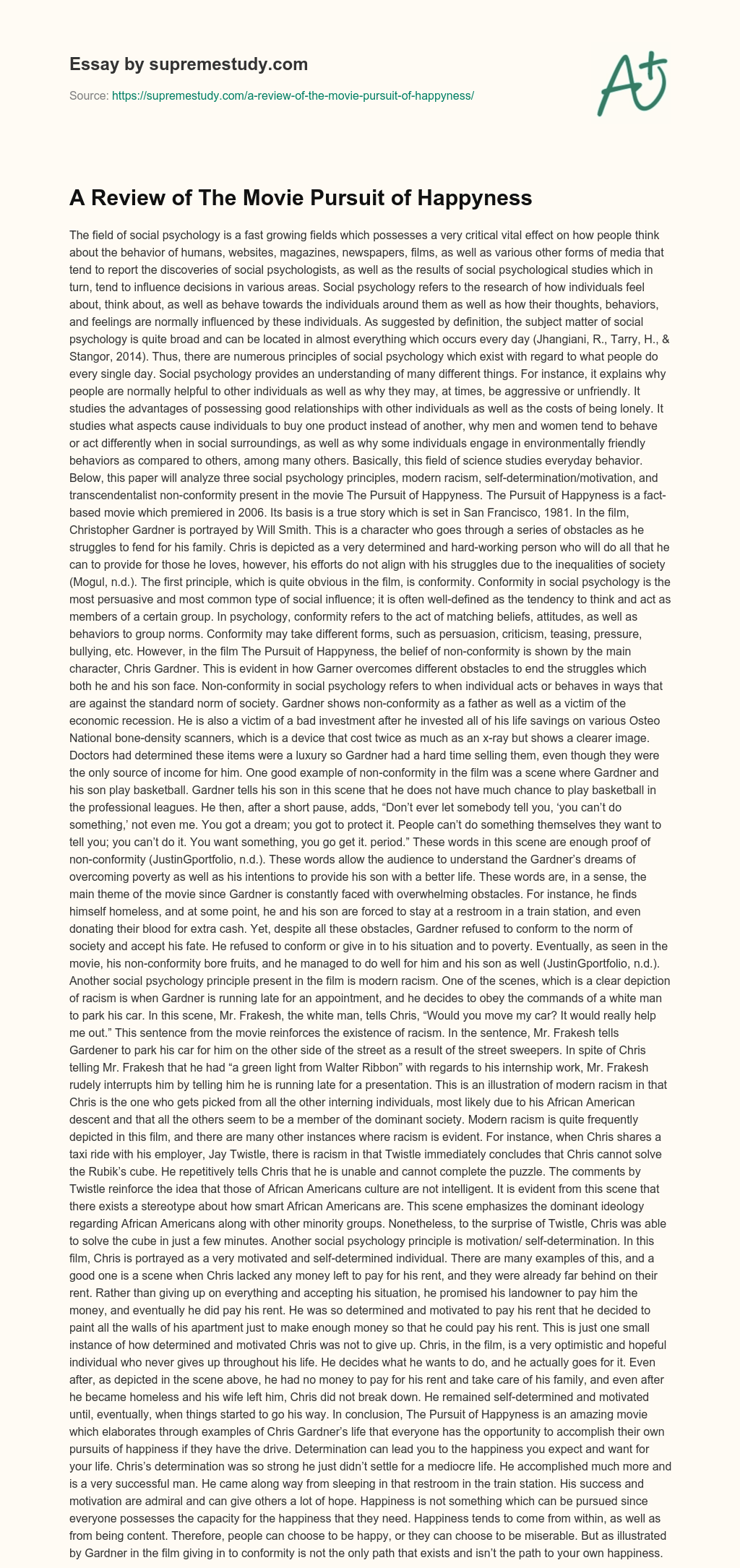 A Review of The Movie Pursuit of Happyness essay