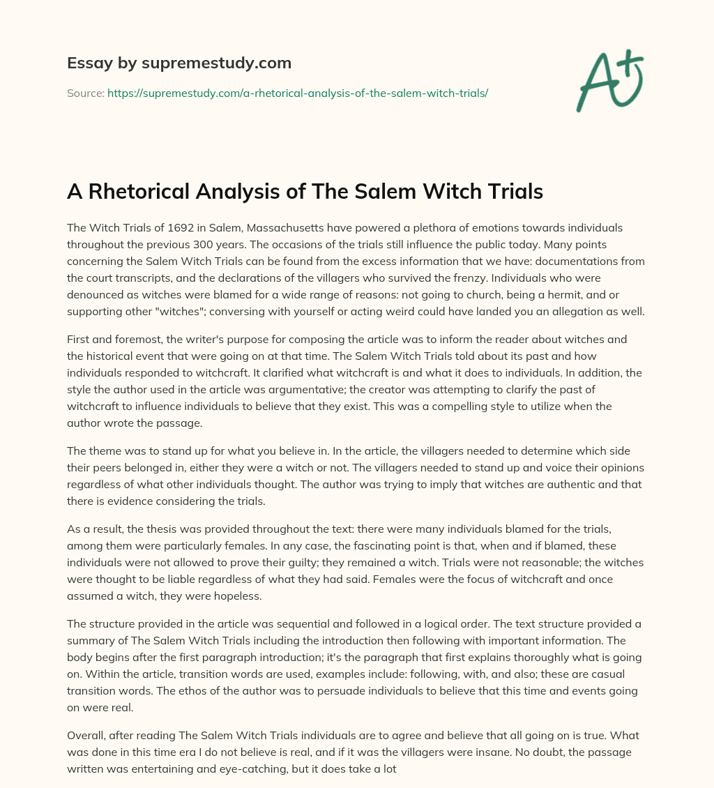 A Rhetorical Analysis of The Salem Witch Trials essay