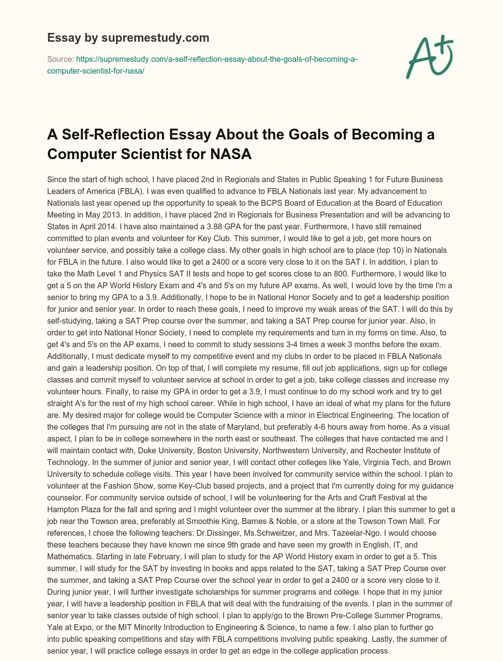 A Self-Reflection Essay About the Goals of Becoming a Computer Scientist for NASA essay