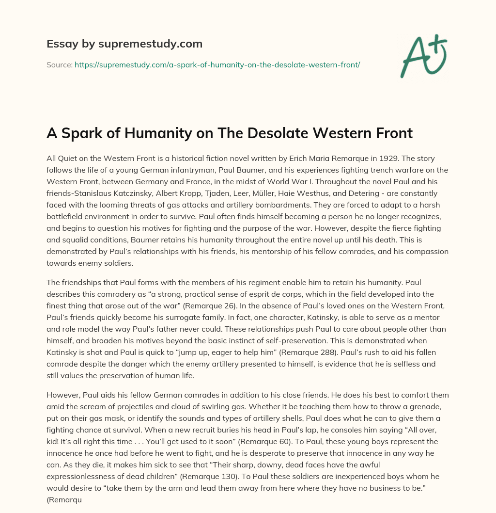 A Spark of Humanity on The Desolate Western Front essay