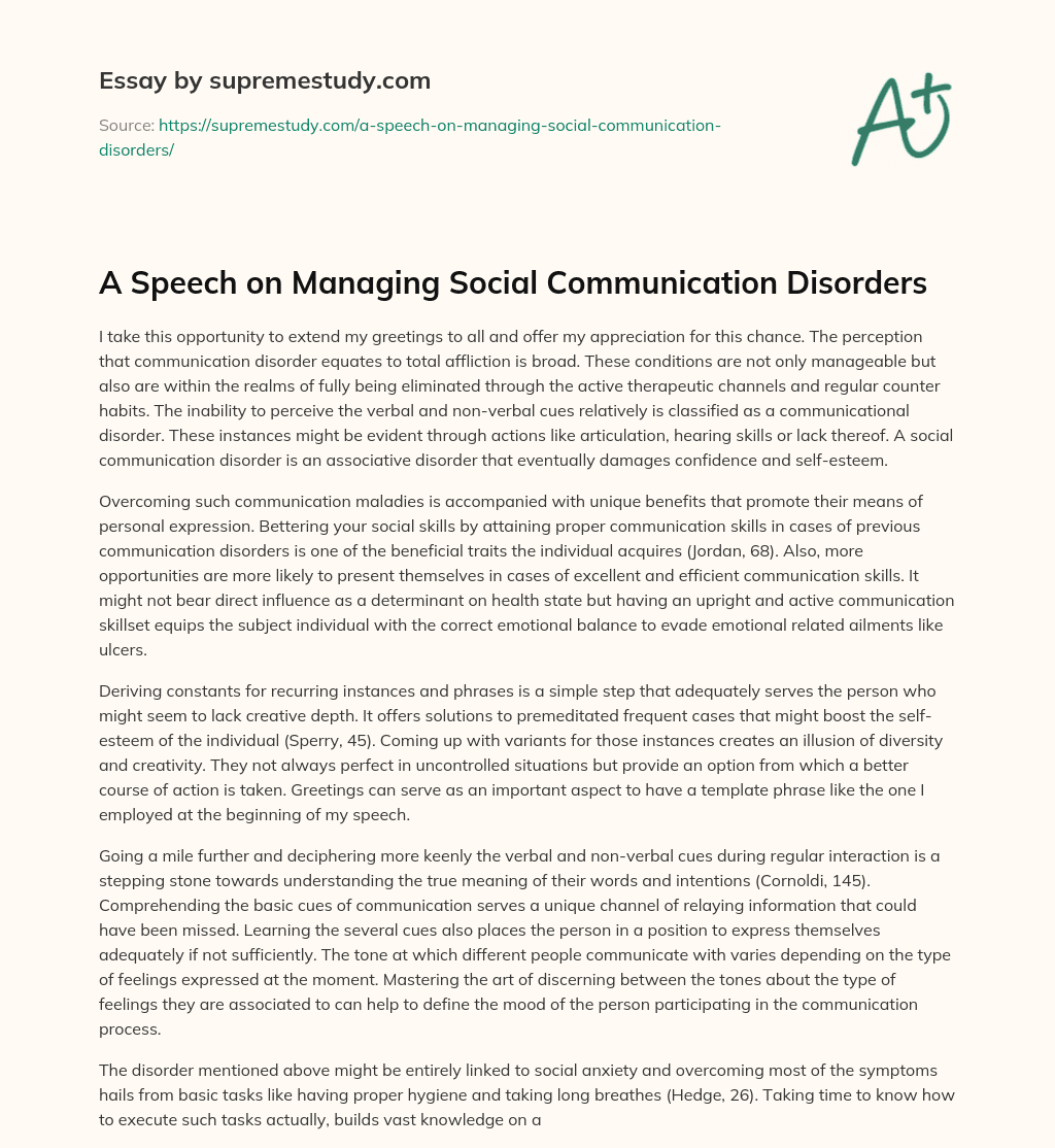 A Speech on Managing Social Communication Disorders essay