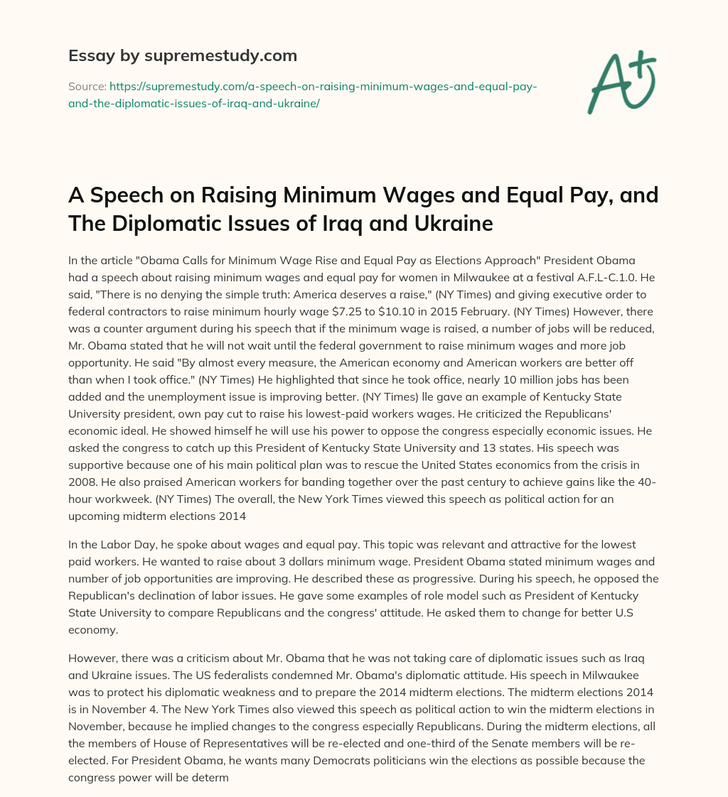 A Speech on Raising Minimum Wages and Equal Pay, and The Diplomatic Issues of Iraq and Ukraine essay