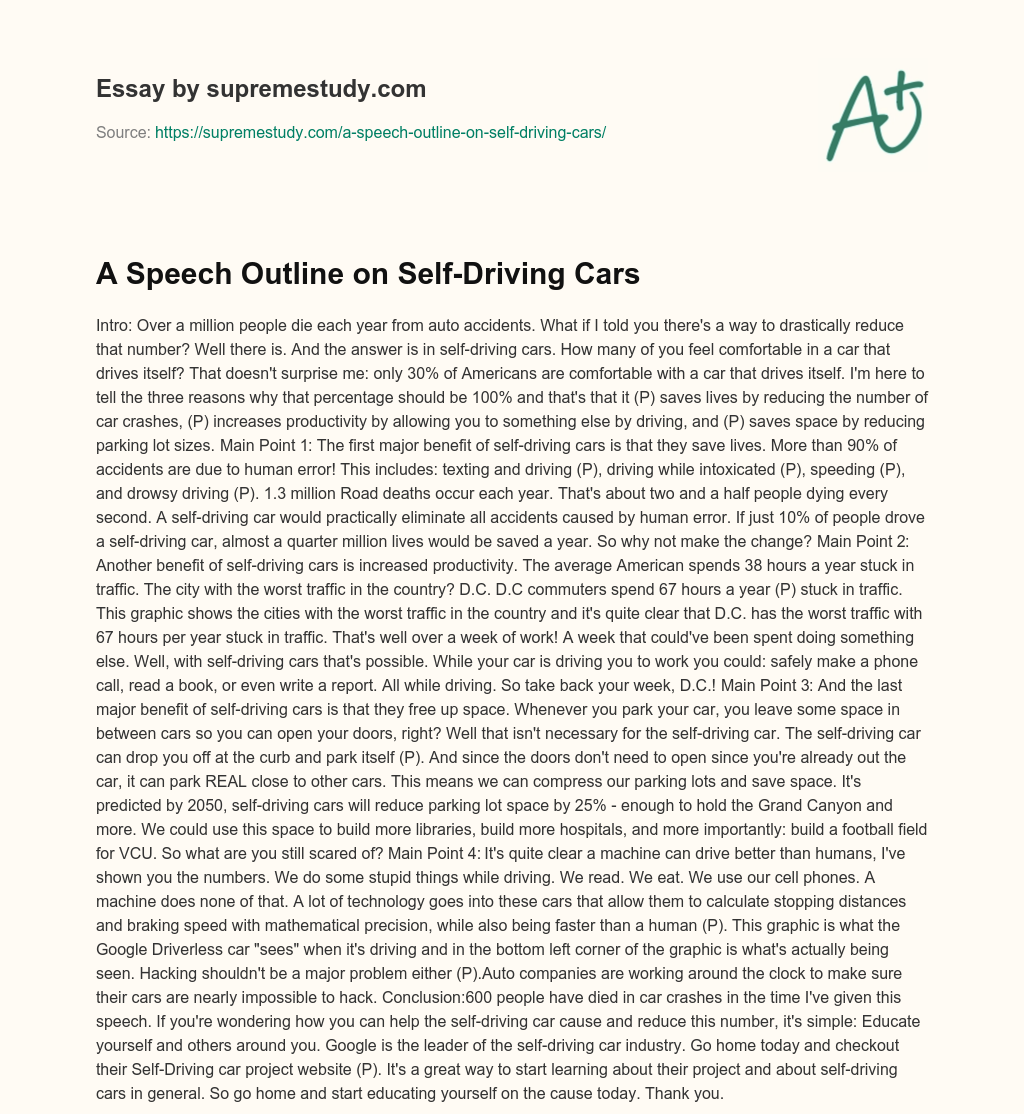 A Speech Outline on Self-Driving Cars essay