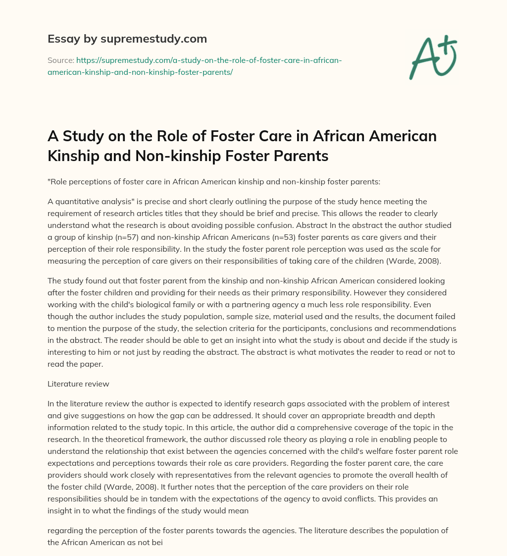 A Study on the Role of Foster Care in African American Kinship and Non-kinship Foster Parents essay