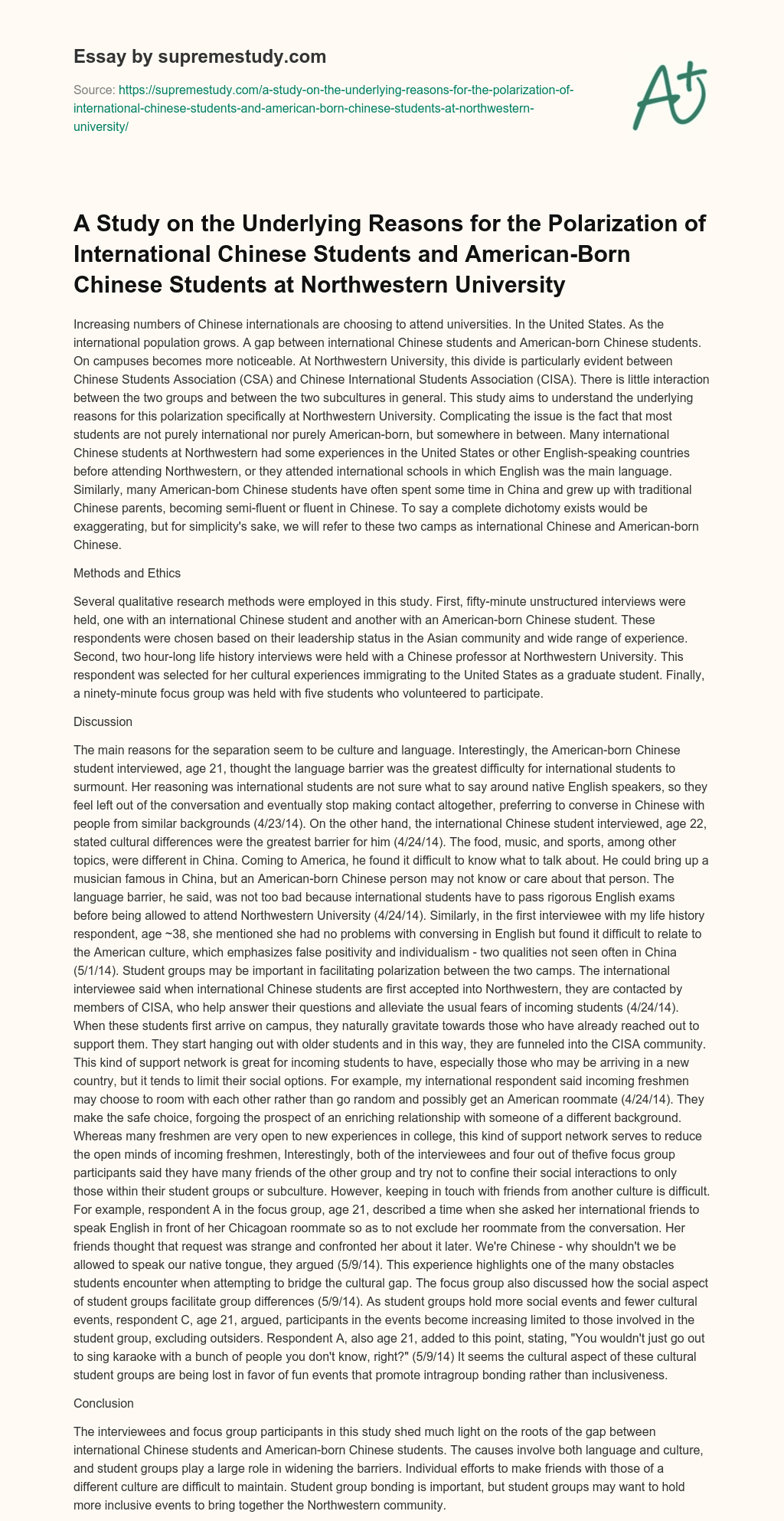 A Study on the Underlying Reasons for the Polarization of International Chinese Students and American-Born Chinese Students at Northwestern University essay