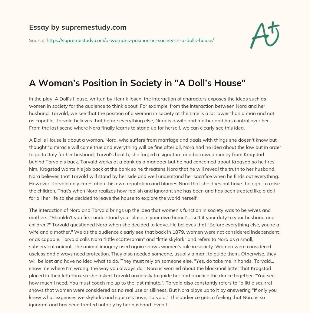 A Woman’s Position in Society in “A Doll’s House” essay