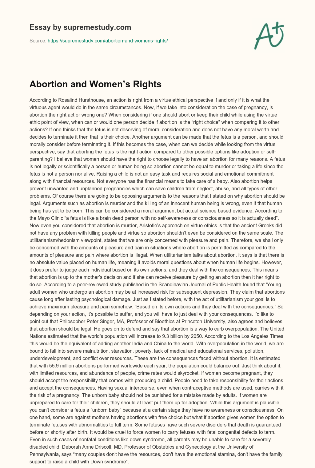 Abortion and Women’s Rights essay