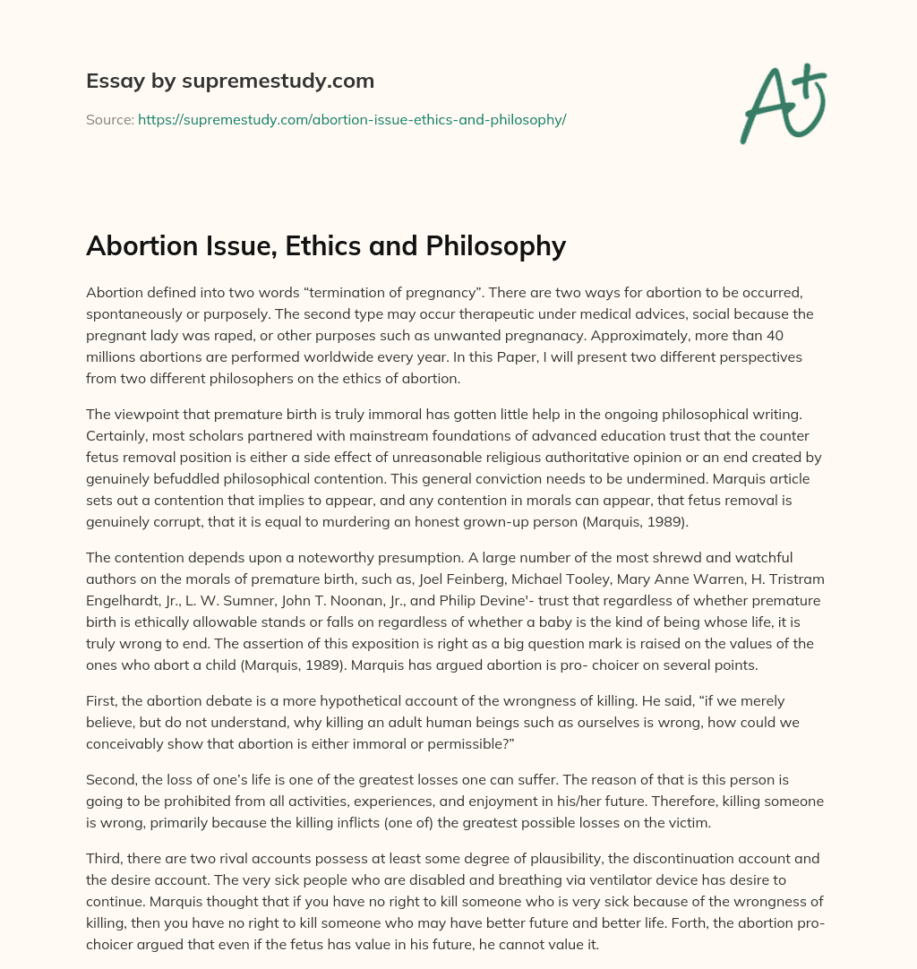 Abortion Issue, Ethics and Philosophy essay