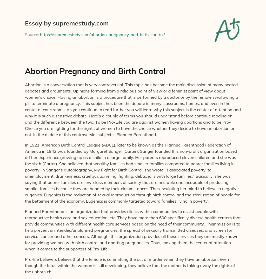 Abortion Pregnancy and Birth Control essay