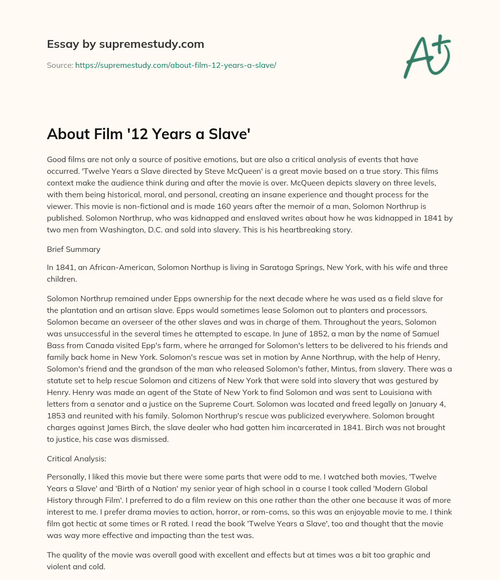 About Film ’12 Years a Slave’ essay