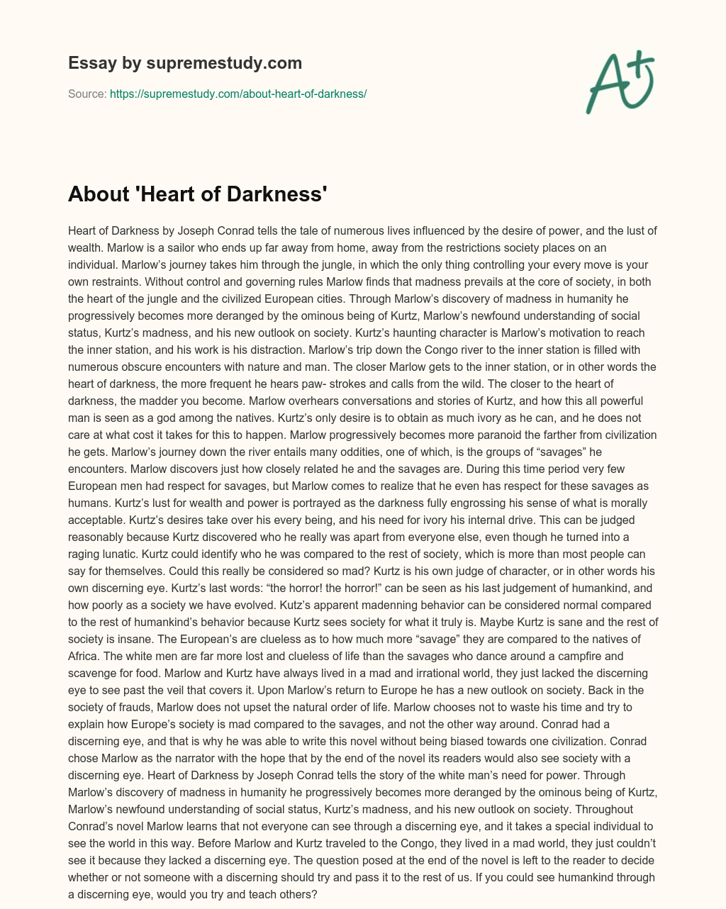 About ‘Heart of Darkness’ essay