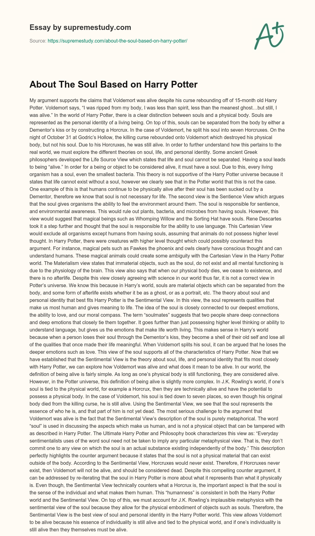 About The Soul Based on Harry Potter essay