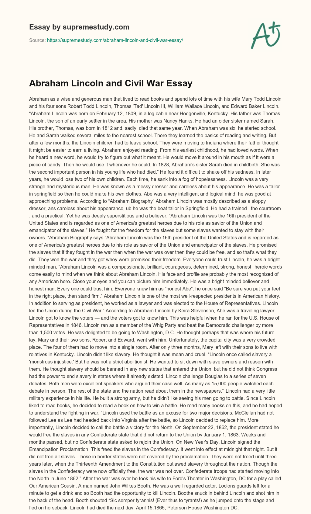 Abraham Lincoln and Civil War Essay essay