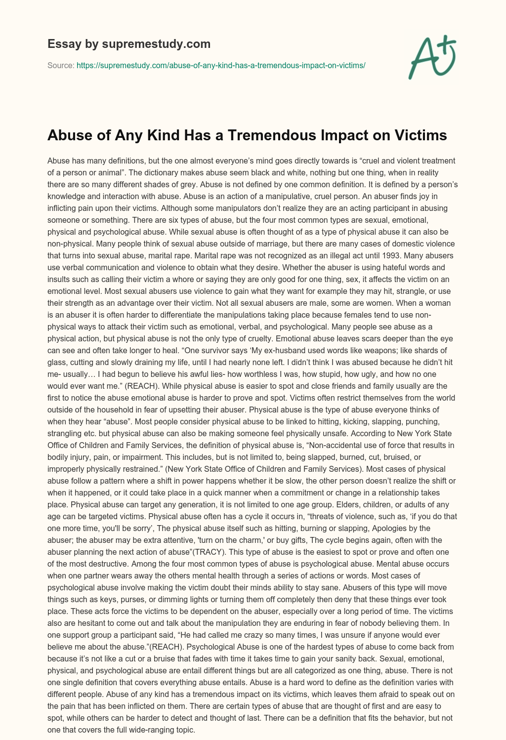 Abuse of Any Kind Has a Tremendous Impact on Victims essay
