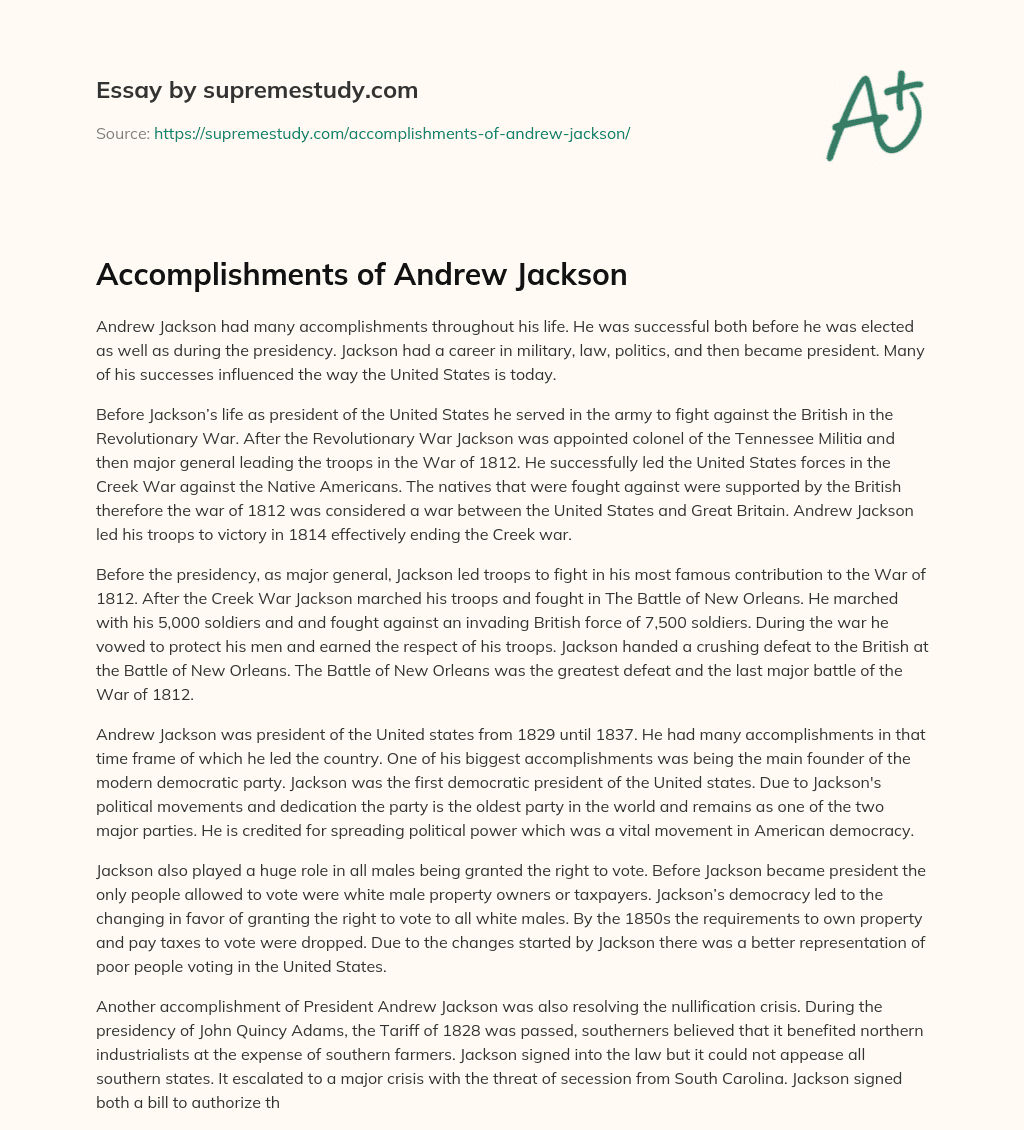 Accomplishments of Andrew Jackson essay