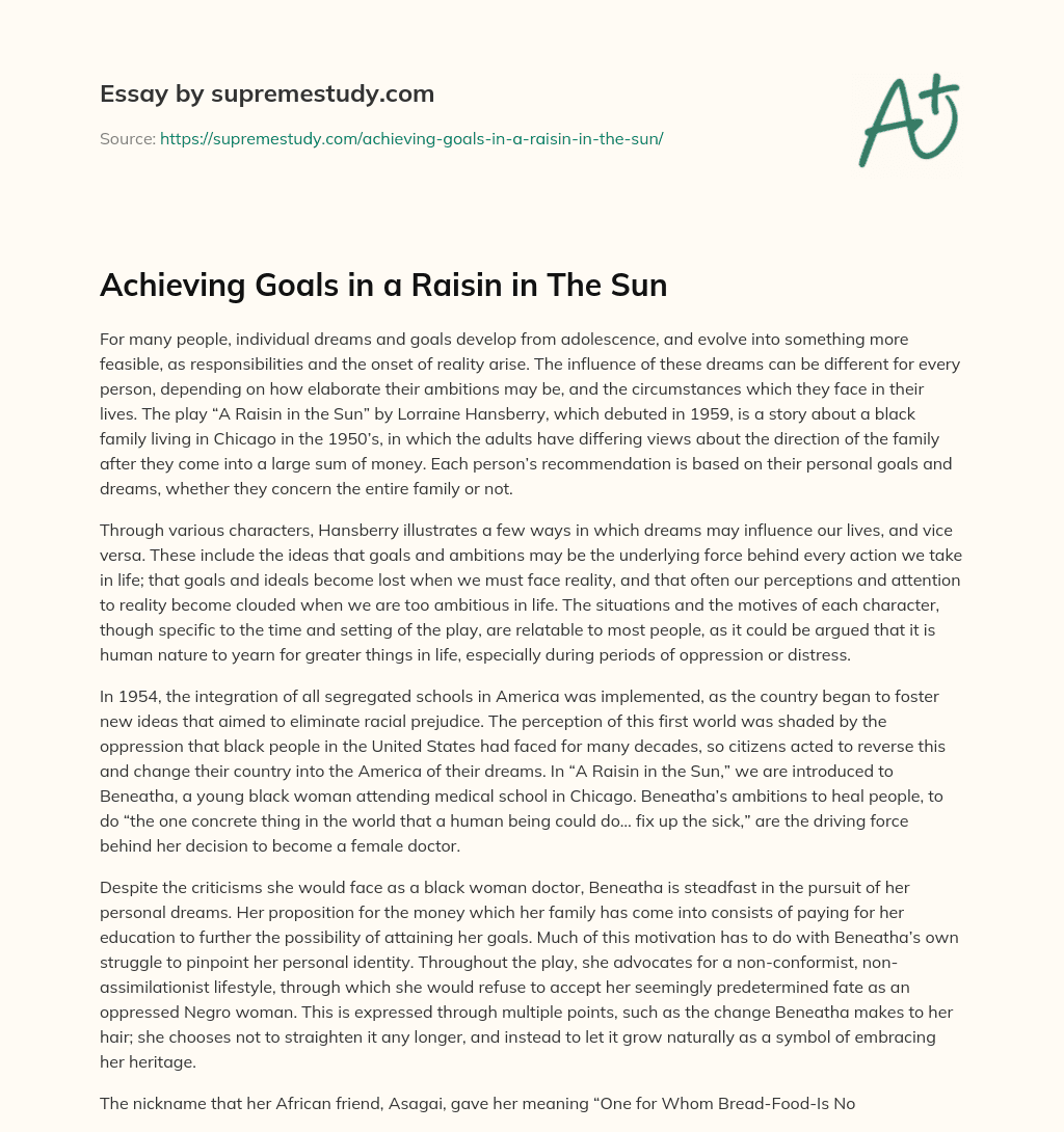 Achieving Goals in a Raisin in The Sun essay